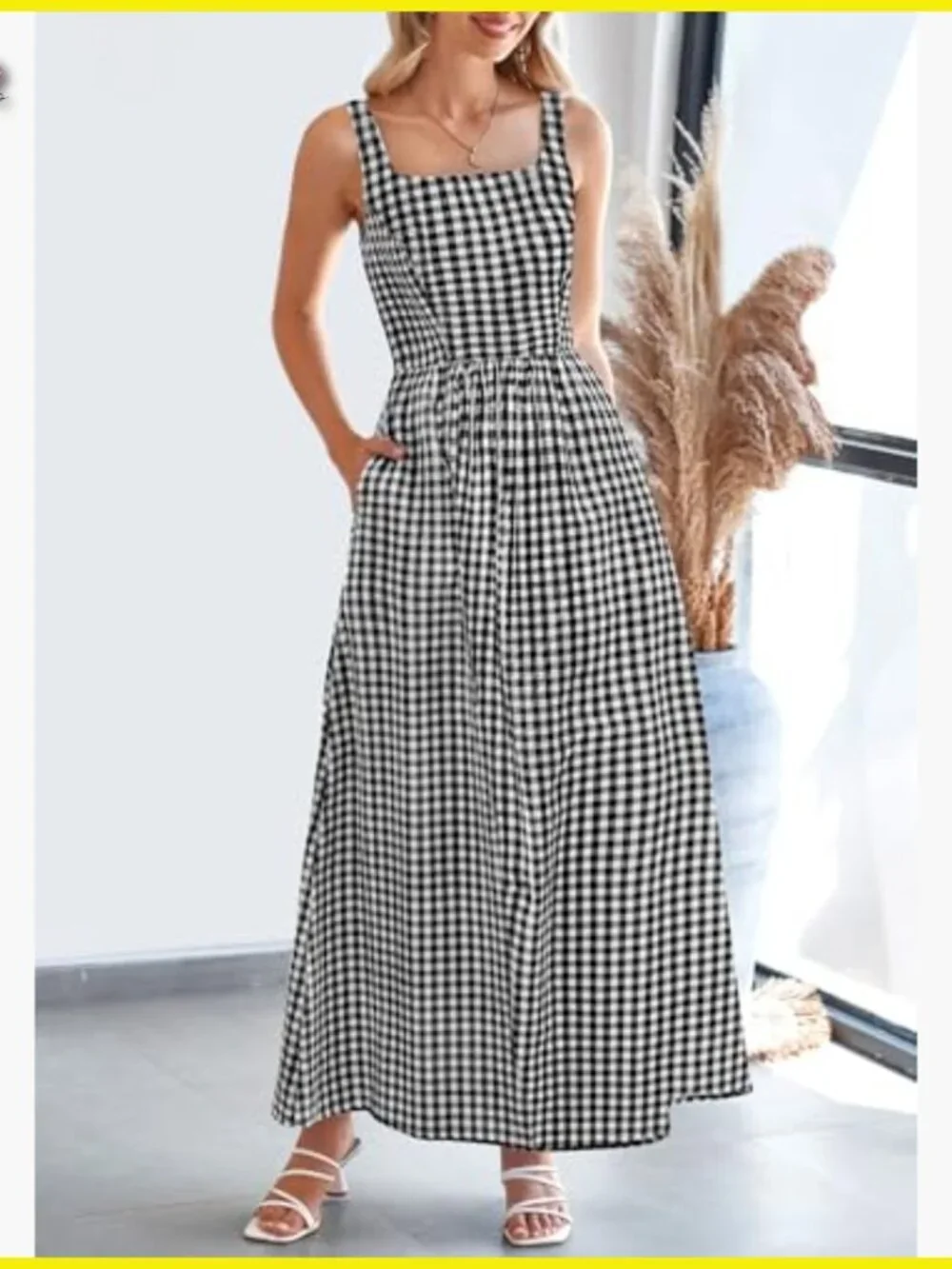 Plaid Square Neck Maxi Dress Spaghetti Strap A-Line Casual Beach Vacation